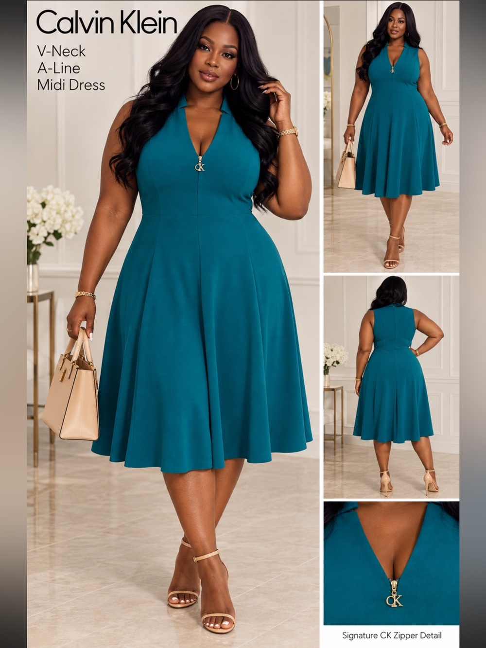 Calvin Klein Teal V-Neck A-Line Midi Dress🧤